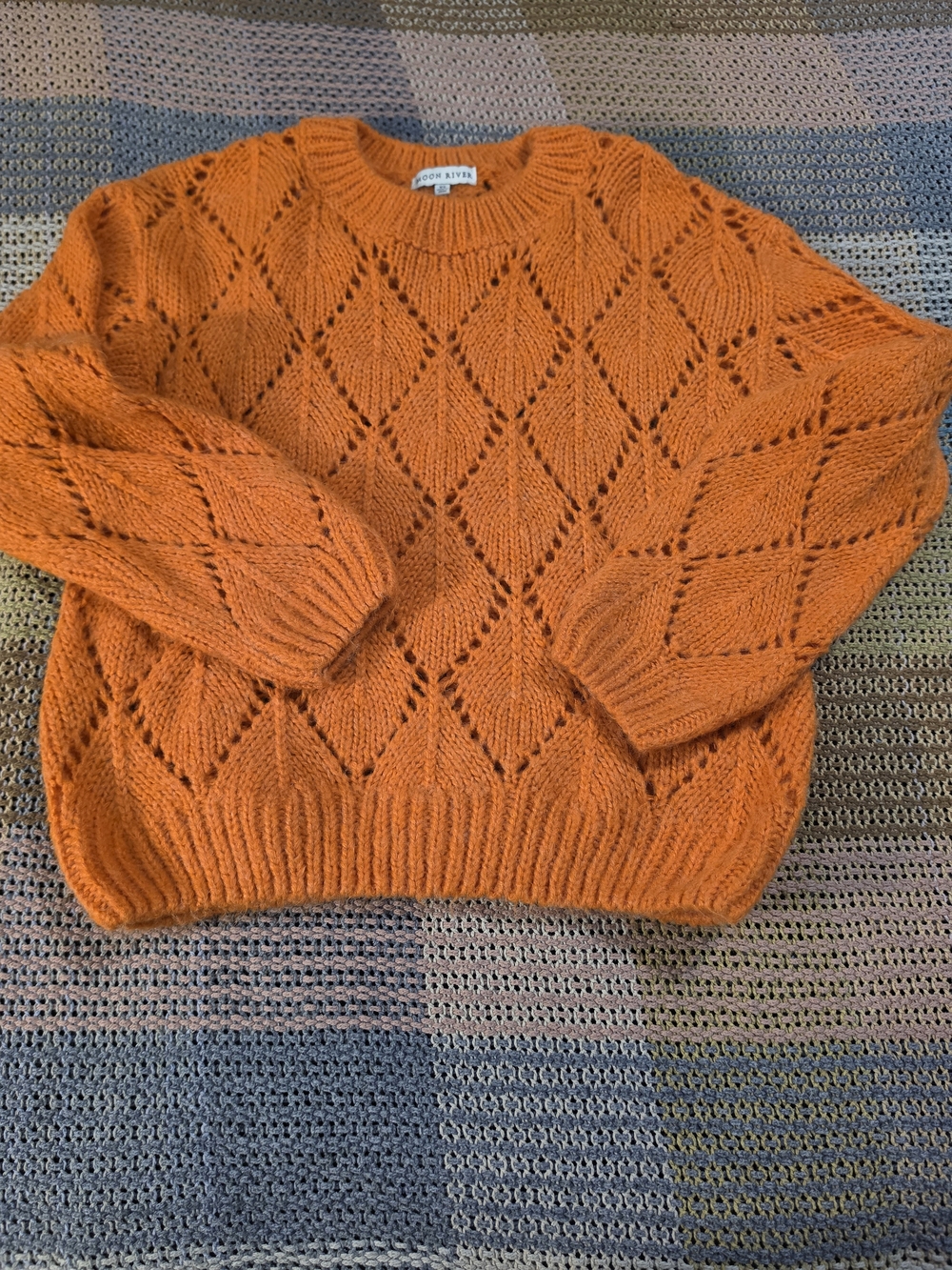 Moon River Orange Openwork Diamond Crewneck Sweater